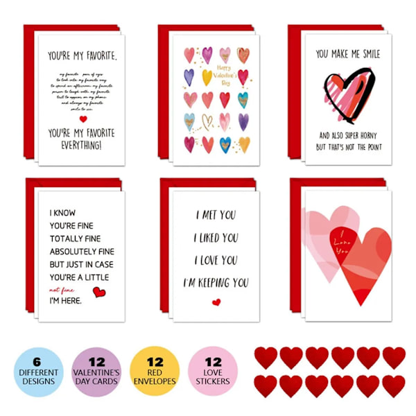12 stk Valentinsdag gratulasjonskort med 12 konvolutter og hjerteklistremerker for kjære, venner, barn, klasserom