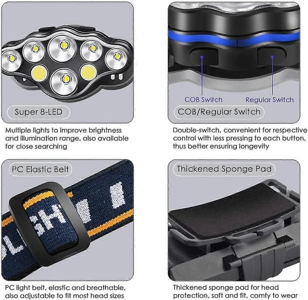 18 000 lm 8-LED USB Hodelykt, Rødt Lys, Vanntett, 8 m Lysstråle