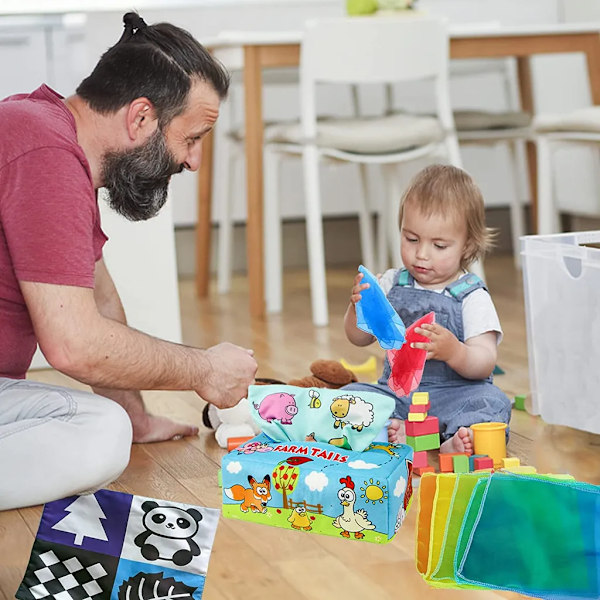Baby Montessori-leksaker, sensoriska leksaker skolbuss näsdukslåda leksak, inklusive färgade tyg sensoriska tyg baby leksaker, present från 6 månader, 1 2 3 år