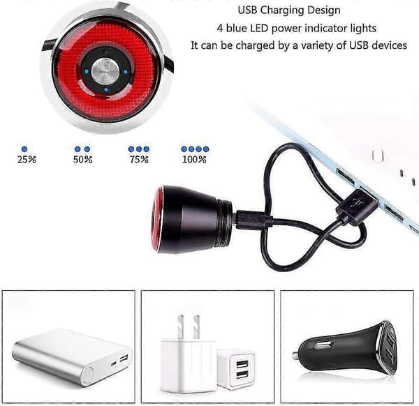 USB Oppladbart Smart Sykkel Baklys – Bremsesensor Vanntett LED