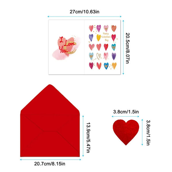 12 stk Valentinsdag gratulasjonskort med 12 konvolutter og hjerteklistremerker for kjære, venner, barn, klasserom