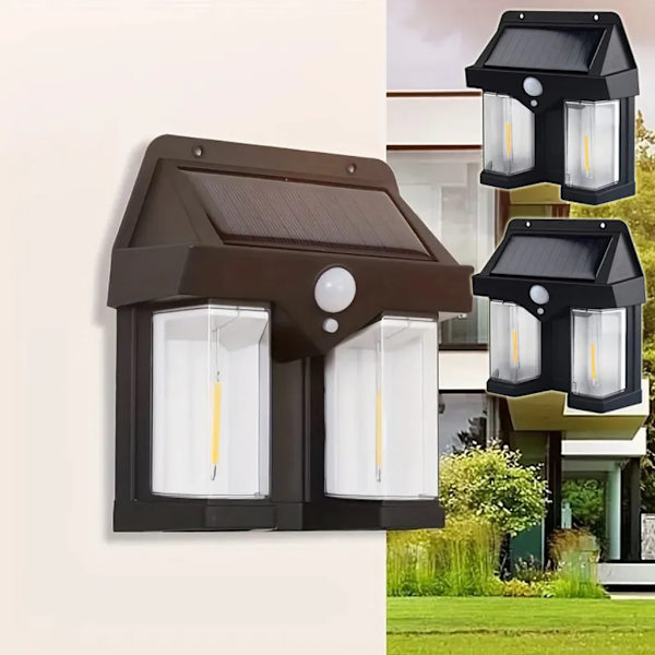 2 stk. solcelledrevet vegglampe utendørs, solcelledrevet vegglampe med glødetråd, solcellelamper for utendørs bruk med bevegelsessensor, vanntett vegglampe utendørs