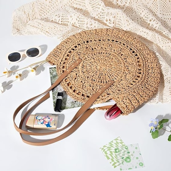 Sommarrund halmbag med ihålig design, enkel strandväska