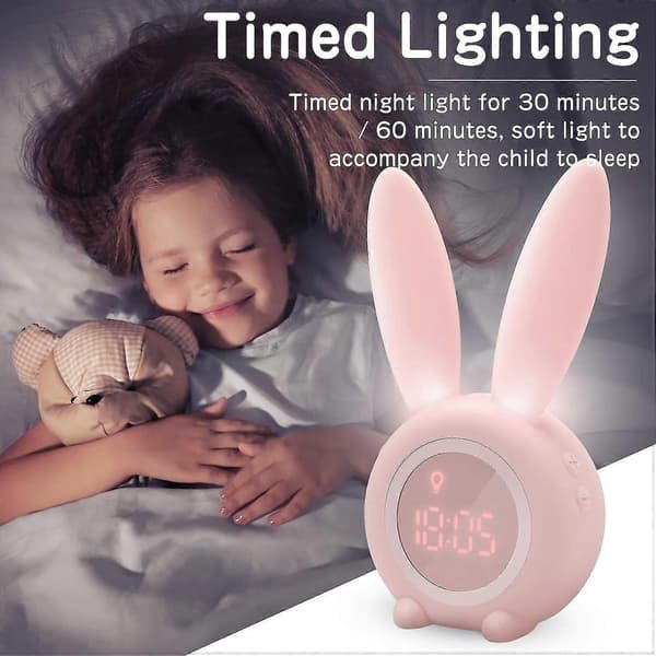 Sød Kanin Børnevækkeur/Natlampe, USB Dæmpbar, Snooze Timer