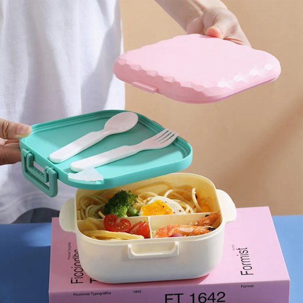 Bærbar matboks i plast for barn, Bento-boks, matbeholder med bestikk, 3 rom, marineblå