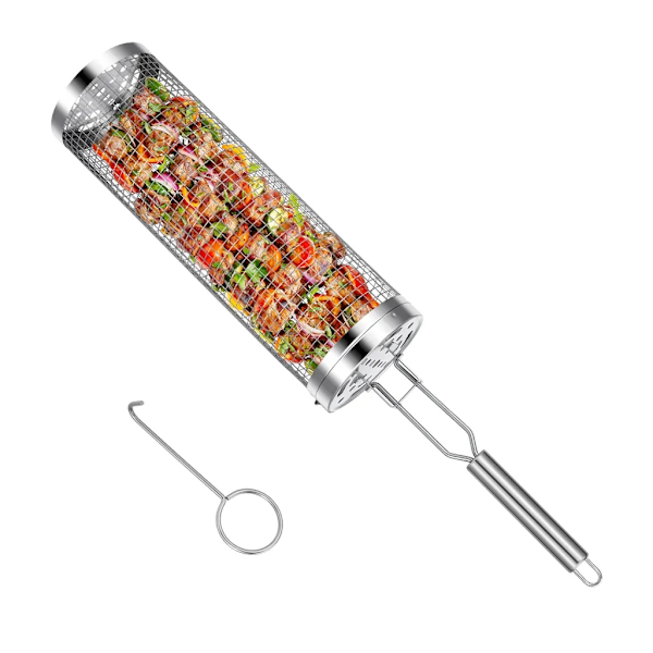 Rullende grillkurv med avtagbart håndtak, rustfritt stål, grill, utendørsgrill, grilltilbehør (liten)