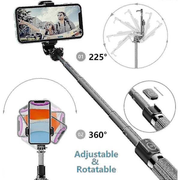 Selfie Stick Stativ, Rostfritt Stål, Fjärrkontroll, iPhone/Android