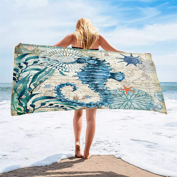 Seahorse pattern breathable beach towel, soft and absorbent