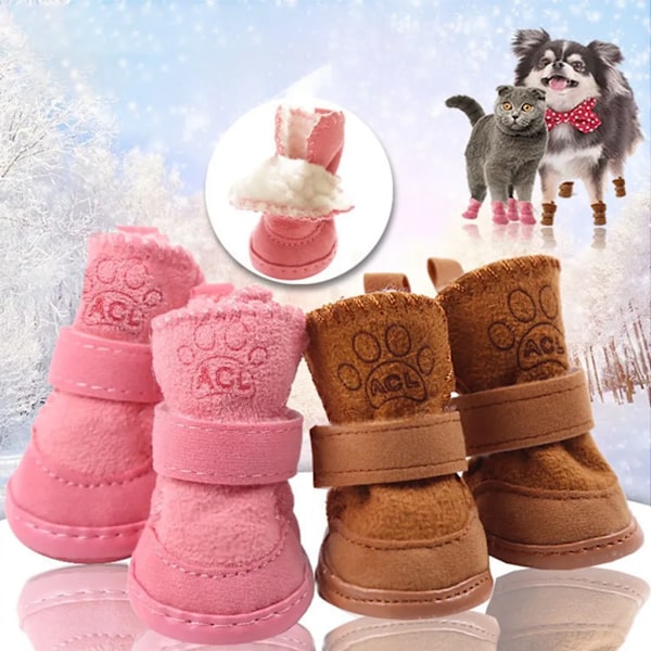 4 stycken hundskor tasskydd utomhus, snöstövlar för husdjur, halkfria plysch hundskor, rosa (B: 3,3, L: 4,3)