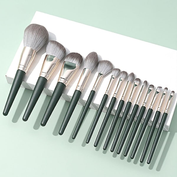Sæt med 14 makeup-børster, grøn, makeup-værktøjer