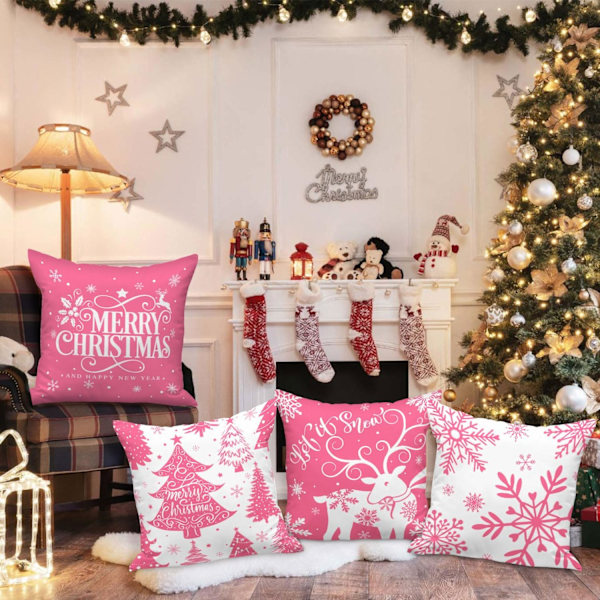 4-pack 45 cm Vit-Rosa Snöflinga Kuddfodral – Jul Soffset