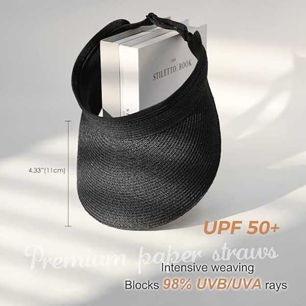 Dame solskærmshatte Halm solskærme til kvinder Sommerpakkebare hestehale strandhatte til kvinder Rejse UPF 50+ black