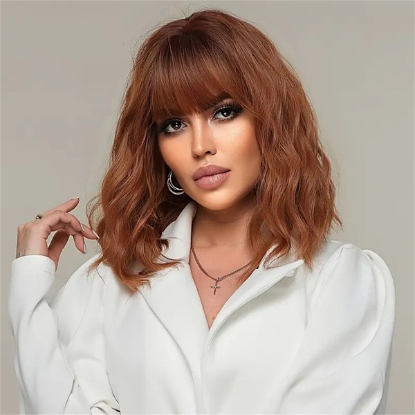 Women's Reddish Brown Medium Length Wavy Bob Wig, Natural