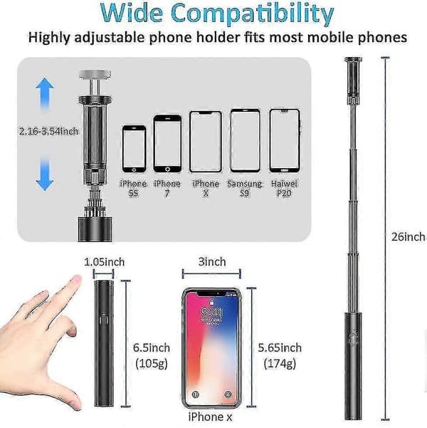 Bluetooth Selfie Stick, Aluminium, Fickformat, iPhone/Samsung