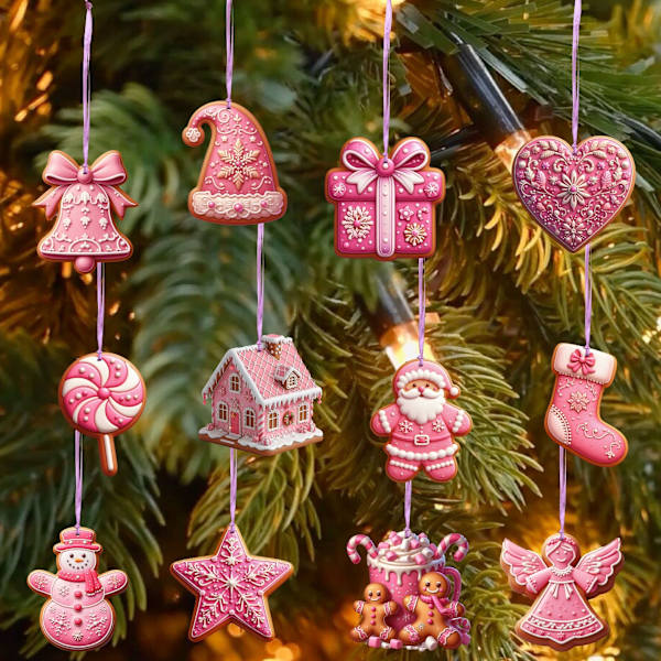 24-delt rosa pepperkake julepyntsett - juletrepynt
