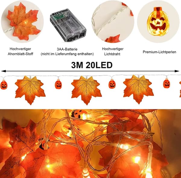 Eventyrlys, 3 meter 20 LED lønneblad gresskar dekorasjon eventyrlys, høstblad girlander dekorasjonslys, Halloween-dekorasjon
