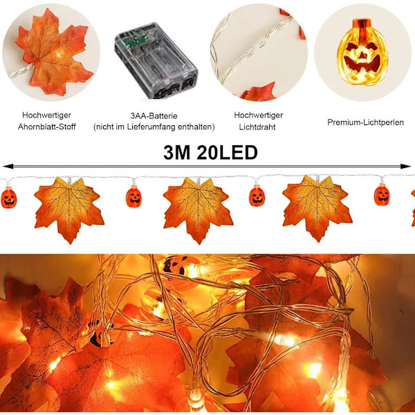 Fe-lyskæder, 3 meter 20 LED ahornblade græskar dekoration fe-lyskæder, efterårsblad guirlande dekoration lys, Halloween dekoration
