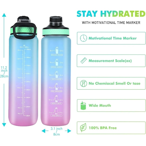 1000 ml sportflaska med tidsmarkeringar, läckagesäker dricksflaska, BPA-fri för fitness/cykling/camping/löpning (gul)