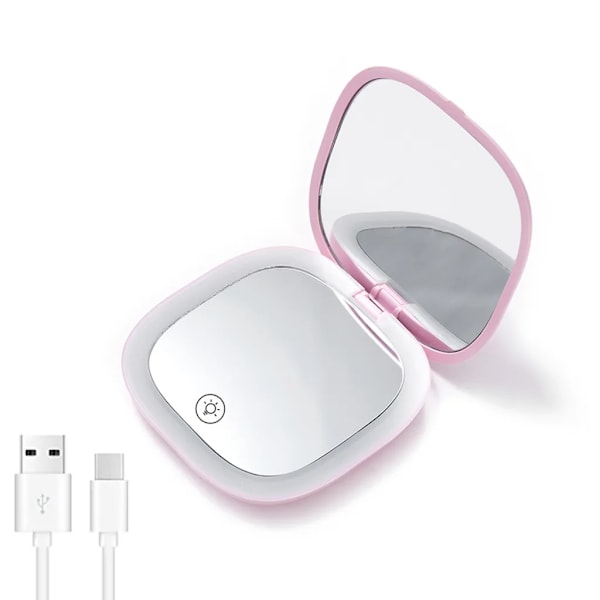 Fick spegel, kosmetisk spegel med 1X/3X förstoring, USB uppladdningsbar LED hand spegel resespegel med dimbar och 2-sidig LED-lampa, rosa