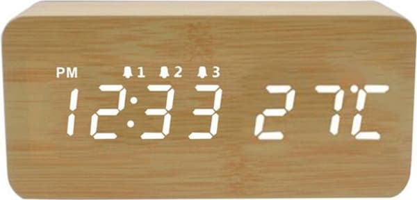 Digital Väckarklocka Trälook 3D LED Digital Klocka Datum Temperatur USB Väckarklocka Sovrum Kontor Dimbar