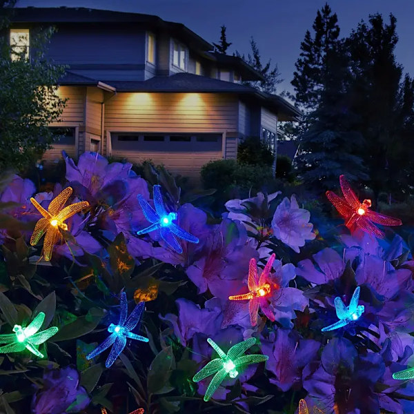 LED solcellslampor med trollsländor, färgglada, 6,5 m, 30 lampor
