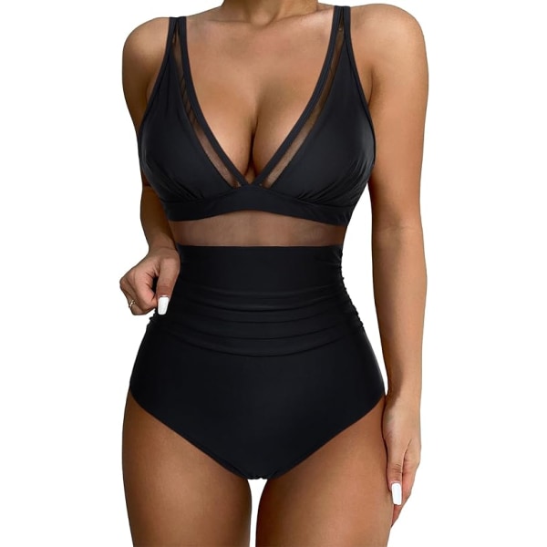 Dame Sexy Mesh magekontroll badedrakt Push Up høy midje badedrakt Black L