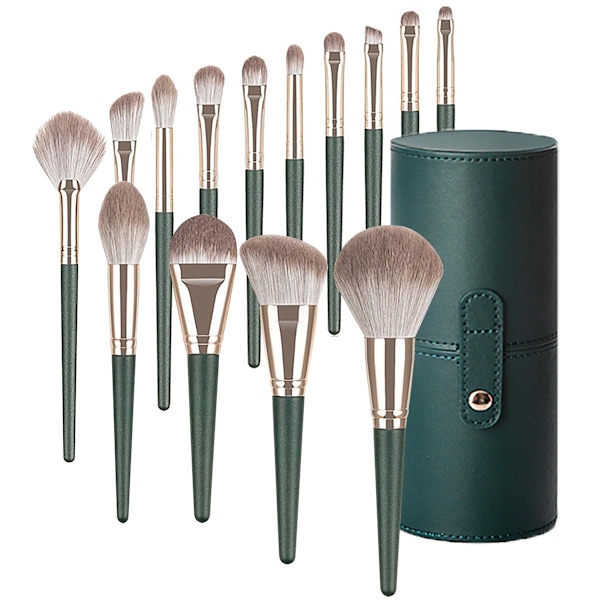 Sæt med 14 makeup-børster, grøn, makeup-værktøjer