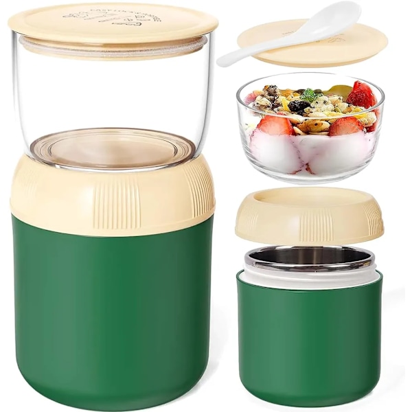 Müslikopp takeaway-mugg, 300+400ml lunchlåda, yoghurtkopp med sked, läckagesäker soppbehållare (grön)