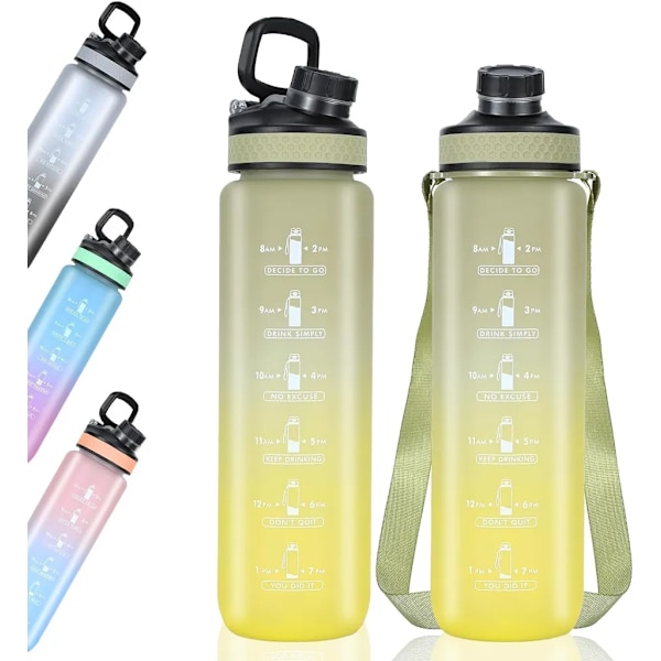 1000 ml sportflaska med tidsmarkeringar, läckagesäker dricksflaska, BPA-fri för fitness/cykling/camping/löpning (gul)