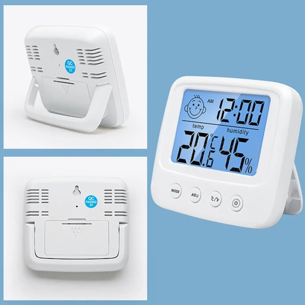 Digital hygrometer termometer med inbyggd klocka, luftfuktighet, temperatur, 5 sekunders snabb uppdatering, bakgrundsbelysning och ℃/℉-funktion