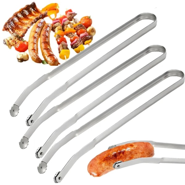 3 stk grillklyper med roterende pølseklyper i rustfritt stål med hjul og langt håndtak, multifunksjonelle grillklyper for utendørs bruk