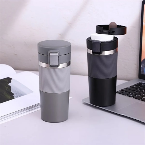 Termosmugg 380ML Kaffeemugg Takeaway Kaffeemugg Dubbelskikts Resmugg Termosmugg Kyl Dryck (Grå)