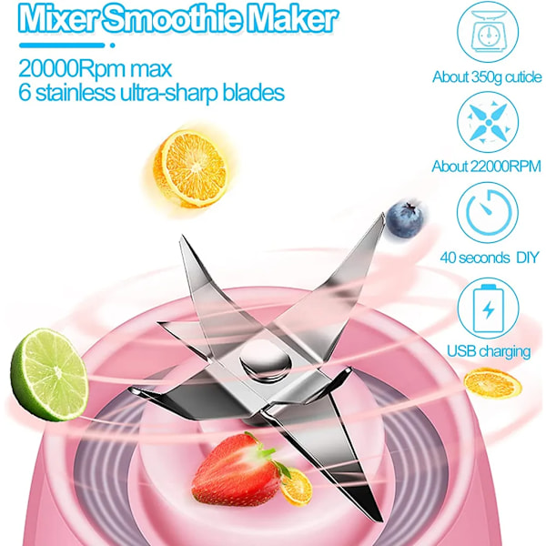 Smoothie Maker, 380ml Oppladbar USB Bærbar Smoothie Blender for Shakes Juice Smoothies, Elektrisk Juiceflaske (hvit)