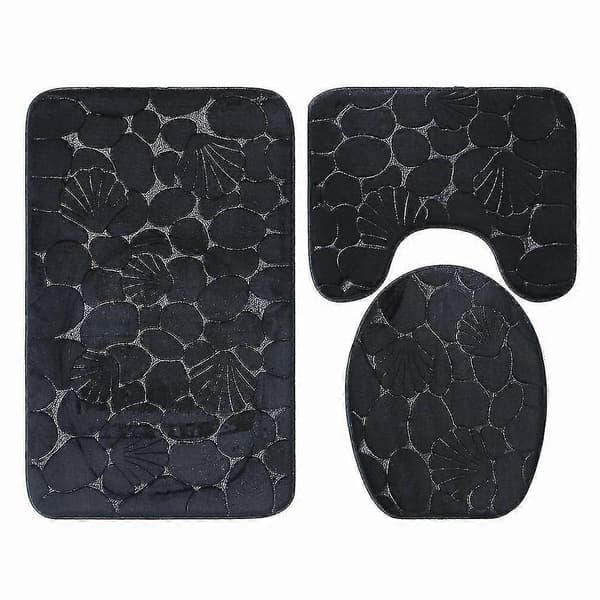 Mjuk Badrumsmatta i Mikrofiberflanell, 3-Delars Set, Halkfri, med PVC-baksida (Shell Black)