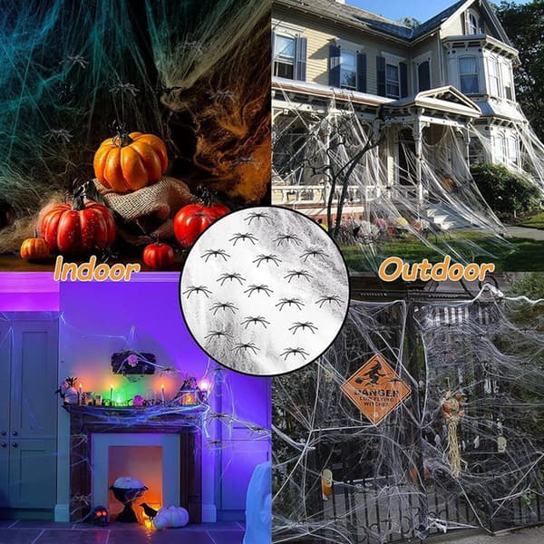 Halloween edderkoppespind med 60 falske edderkopper, hvid