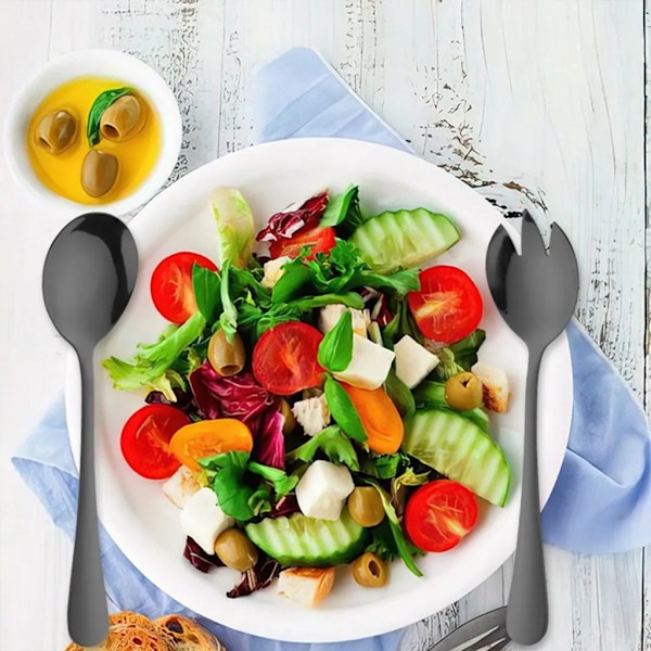 3-delt salatbestiksæt, salatske og -gaffel, rustfrit stål, salatske og -gaffel, tåler opvaskemaskine (sort)