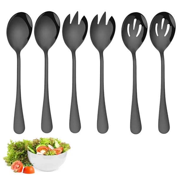 6-delt salatbestiksæt, salatske og -gaffel, rustfrit stål, salatske og -gaffel, tåler opvaskemaskine (sort)