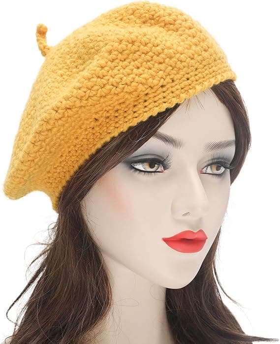 Vinterstrikket beret dame varm hat gul