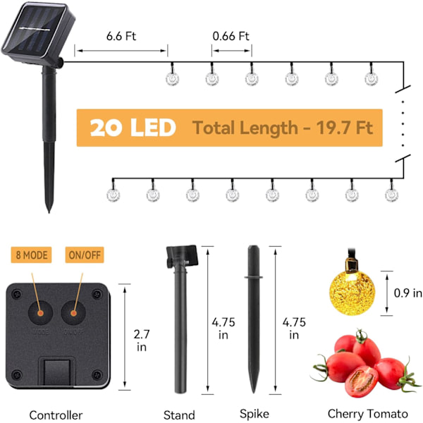 20 LED dekorative krystallkule solcellelyssnor Super Bright utendørslys med 8 lysmoduser