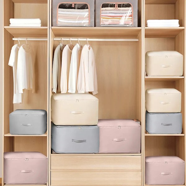 Självkomprimerande organiser, förvaringslådor, förvaringspåse för täcken, kläder, filtar (beige, 52x42x60CM)