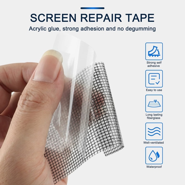 Reparasjonssett for vindusskjermer 16,5 FT selvklebende og vanntett tape Glassfiberdekkende nett, reparasjon for vindusskjerm og skjermdører.