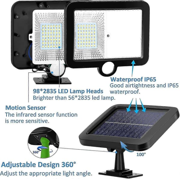 98-LED Solarlampa med Rörelsesensor, IP65, 5 m Kabel för Skjul/Garage