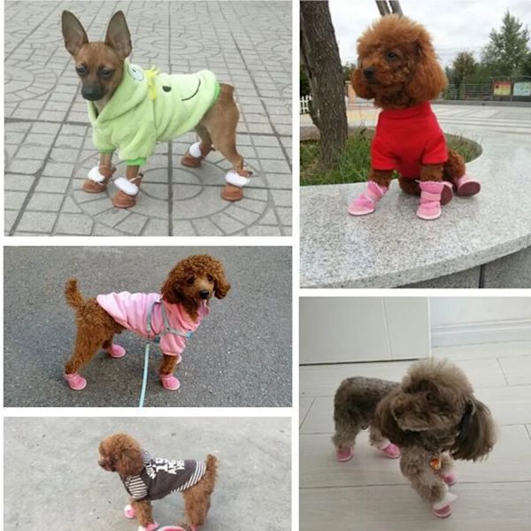 4 stycken hundskor tasskydd utomhus, snöstövlar för husdjur, halkfria plysch hundskor, brun (B: 2,9, L: 3,8)