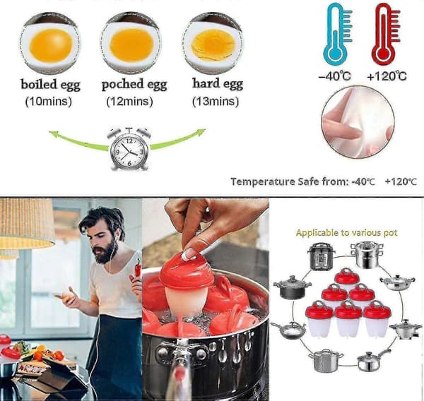 6-pakning silikon eggkoker, varmebestandig og non-stick