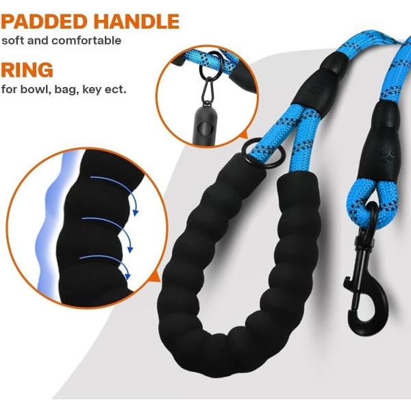 Reb hundesnor med komfortabelt polstret håndtag, stærkt reflekterende tråde hundesnor til store hunde blue L-1/2"x6'