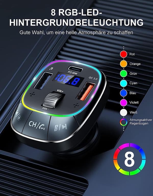 Bluetooth 5.0 FM-sender – PD30W QC3.0 hurtigopladning, dobbeltmikrofon, basforstærkning