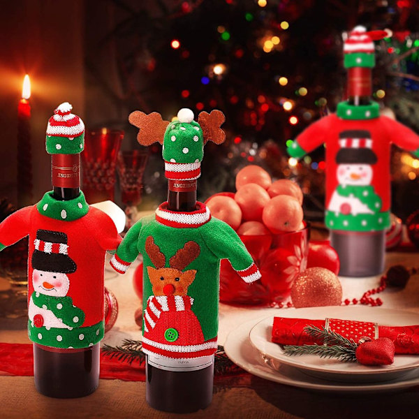 Stickade Vinflaskfodral, Tomte & Snögubbe, Set om 3