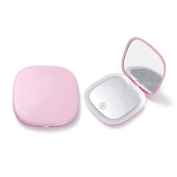 Fick spegel, kosmetisk spegel med 1X/3X förstoring, USB uppladdningsbar LED hand spegel resespegel med dimbar och 2-sidig LED-lampa, rosa