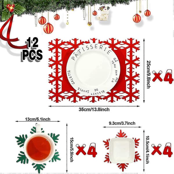 Julefiltplacemats, vaskbart sæt med 12 dele, julesnefnug-placematsæt