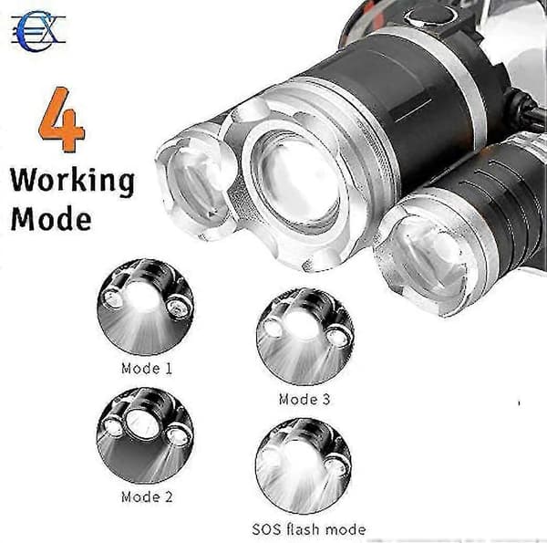 Oppladbar LED-hodelykt med 4 lysmoduser, ideell for